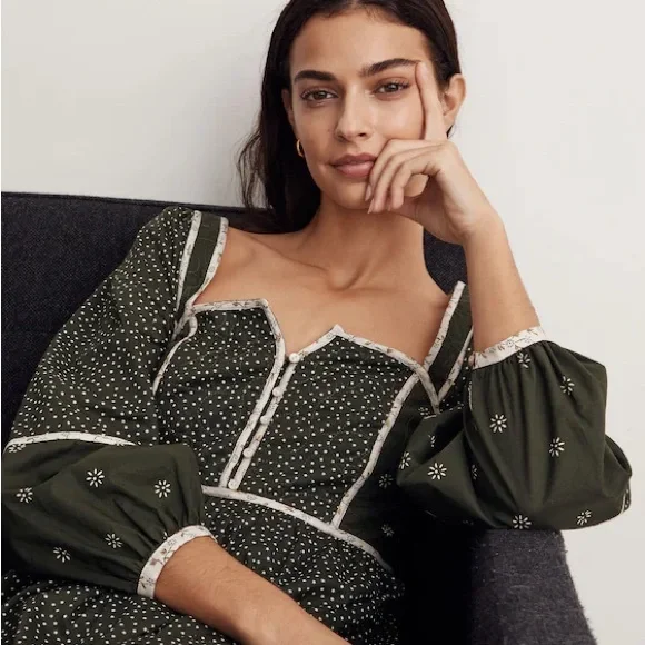 Madewell Mix Square-neck Green Quilted Floral Spring Prairie Mini Dress Size 2 - Picture 4 of 12